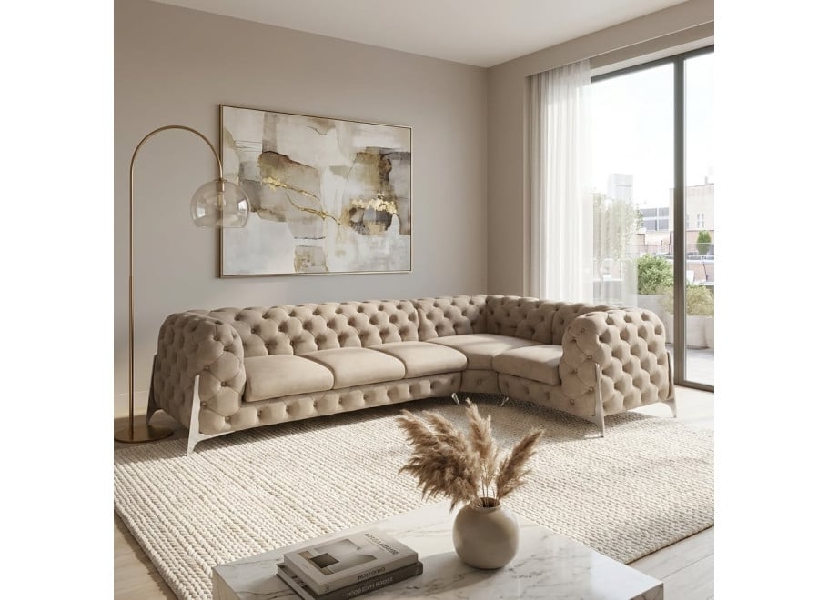 Beżowy duży narożnik pikowany chesterfield KALIFORNIA 3+E+1