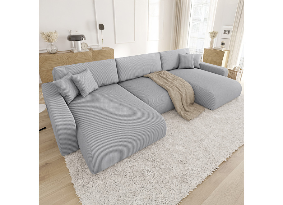 Sztruksowy narożnik szary Sergio U z funkcją spania i pojemnikiem