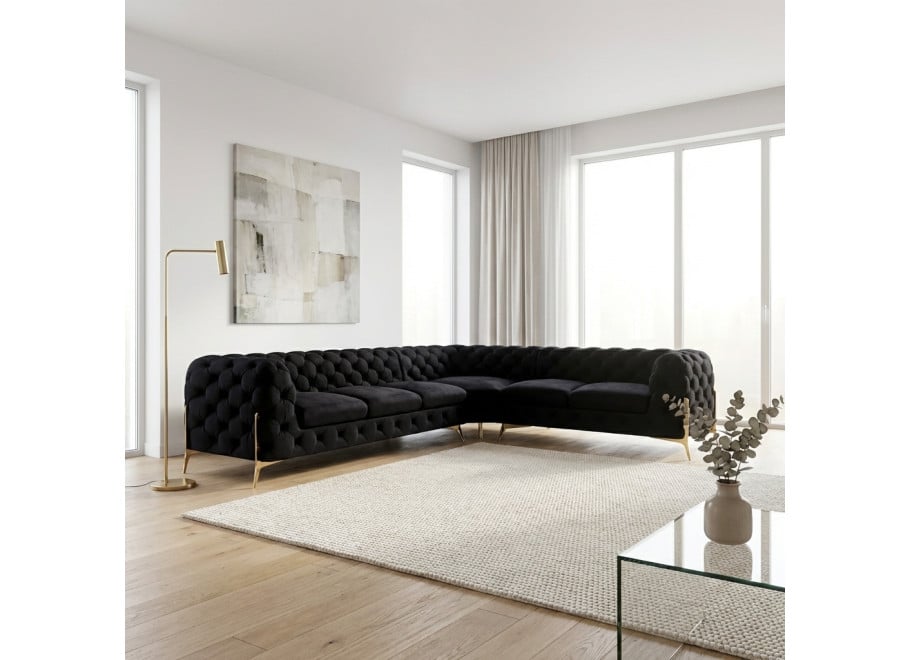 Duży narożnik czarny Chesterfield na nóżkach pikowany do salonu TEO HIGH 3+E+2