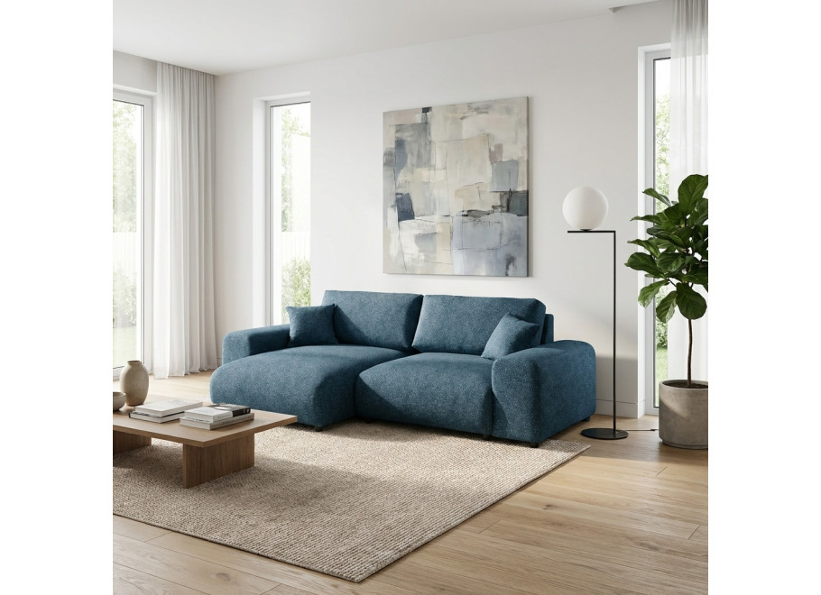 Niebieski narożnik nowoczesny na niskich nóżkach z poduszkami Candi