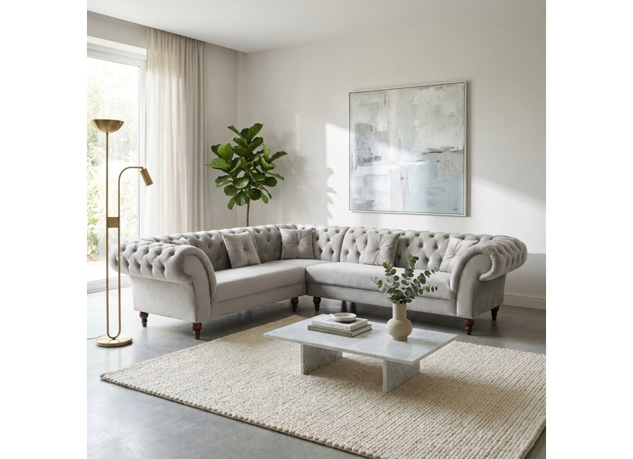 Narożnik pikowany Chesterfield PORTO szary na drewnianych nóżkach do salonu