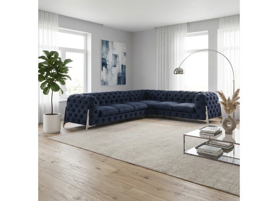 Granatowy narożnik pikowany KALIFORNIA 3+E+2 na srebrnych nóżkach