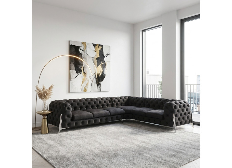 Czarny narożnik pikowany KALIFORNIA 3+E+2 na wysokich nóżkach