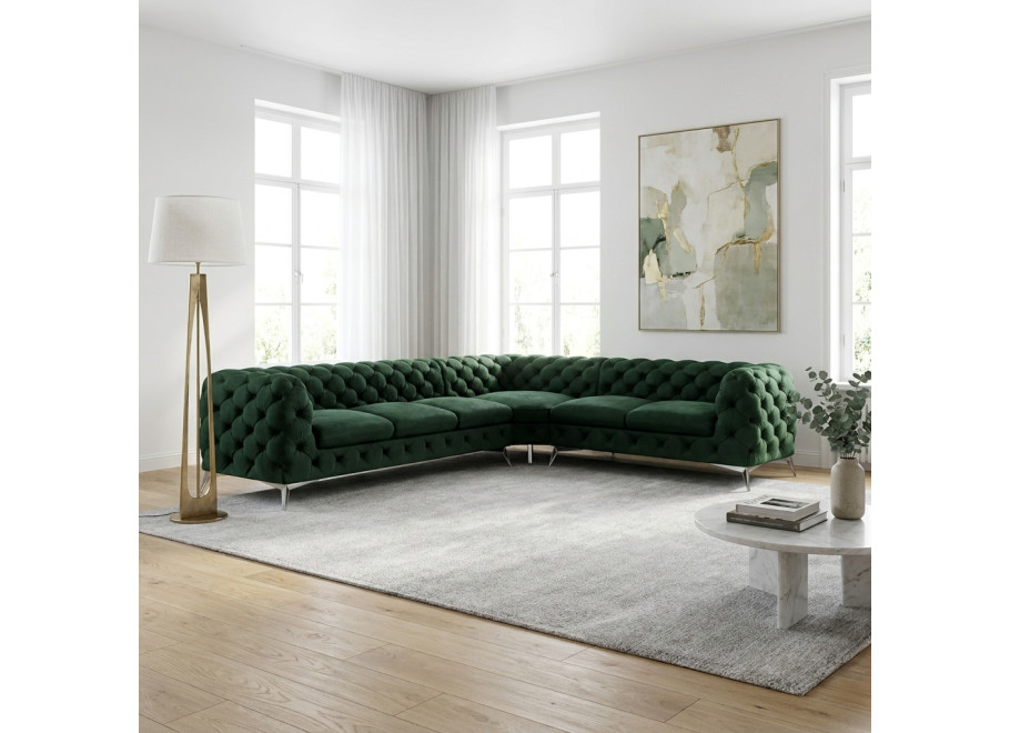 Narożnik pikowany Chesterfield ciemnozielony do salonu TEO 3+E+2