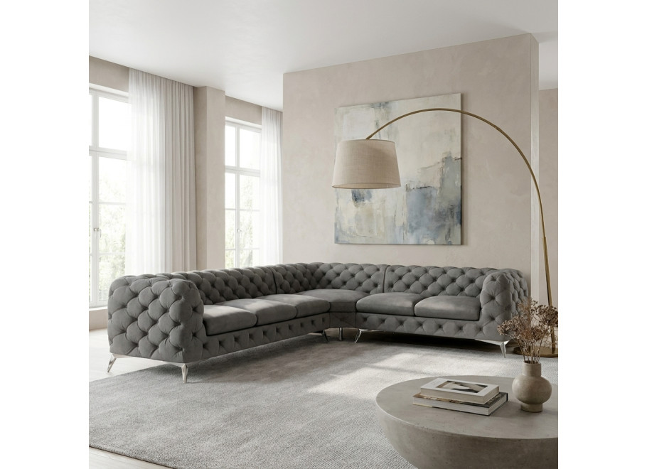 Narożnik szary pikowany Chesterfield na srebrnych nóżkach TEO 3+E+2