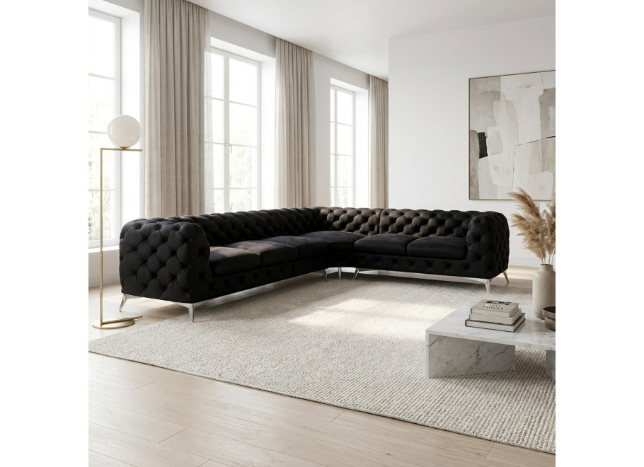 Narożnik czarny welur Chesterfield pikowany na nóżkach TEO 3+E+2