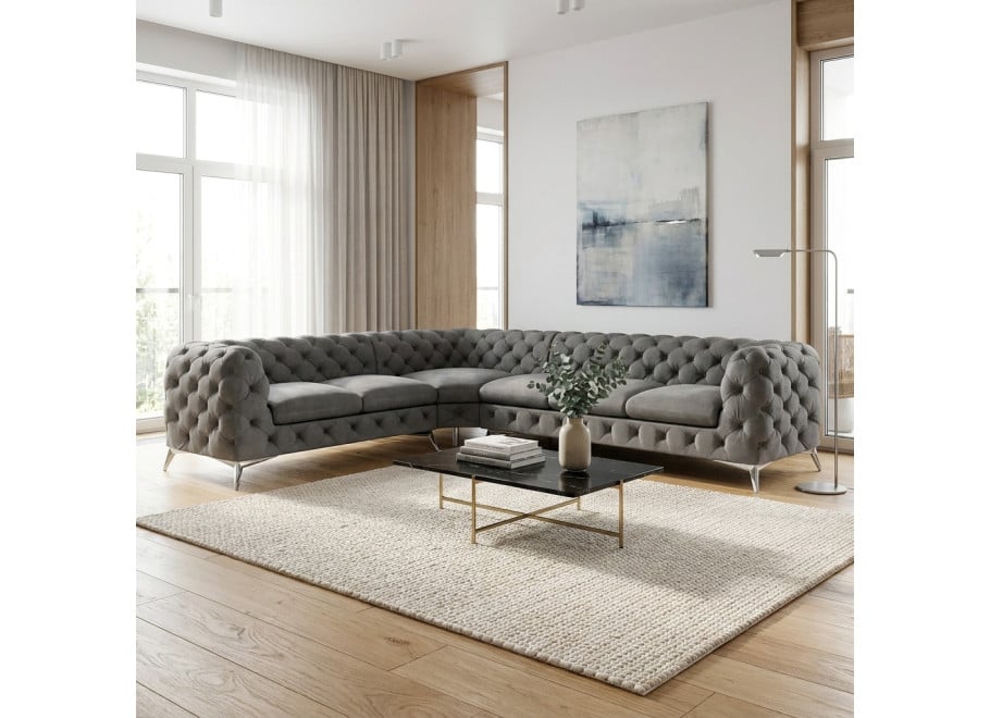 Narożnik pikowany Chesterfield TEO 2+E+3 szary welur w stylu glamour
