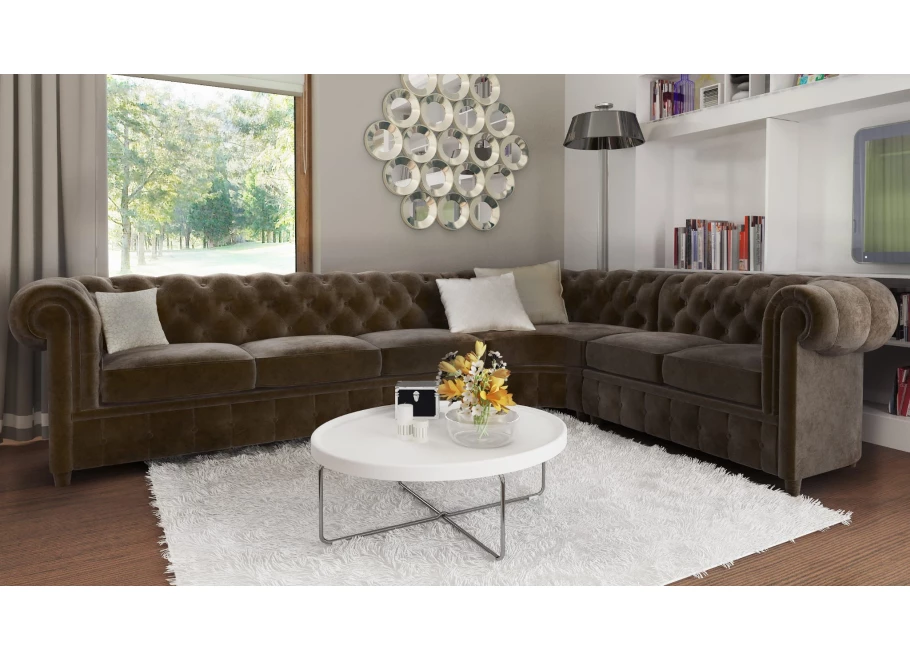 Narożnik sześcioosobowy z funkcją spania pikowany Chesterfield SOLARIS 3+E+2