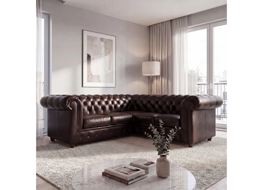 Narożnik pięcioosobowy z funkcją spania pikowany Chesterfield SOLARIS 2+E+2 - Mg14