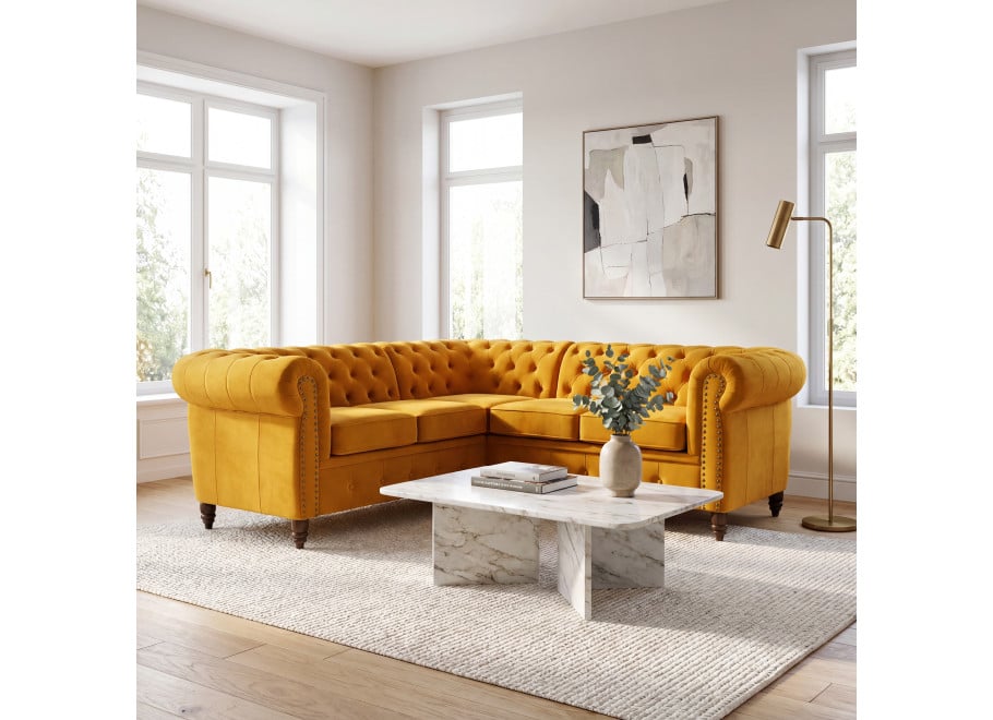 Narożnik pięcioosobowy z funkcją spania pikowany Chesterfield VINCENT - Magic Velvet 2228
