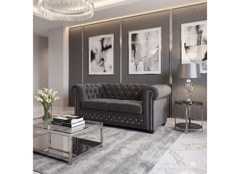 Chesterfield FELIX BLINK 2 szara – elegancka sofa 2-osobowa z kryształkami 2