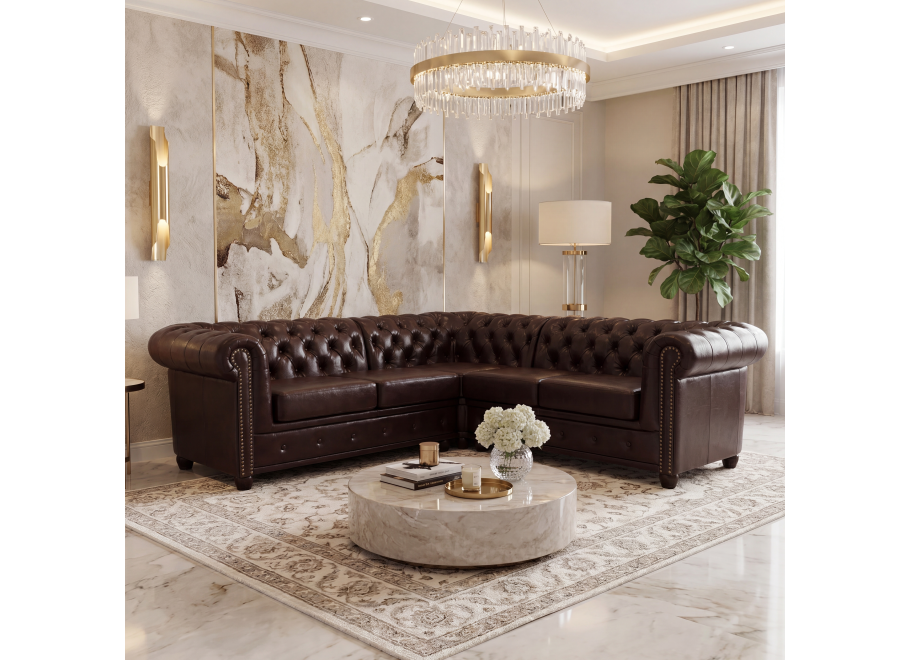 Narożnik pięciosobowy z funkcją spania pikowany glamour Chesterfield FELIX 2+E+2 - MG14
