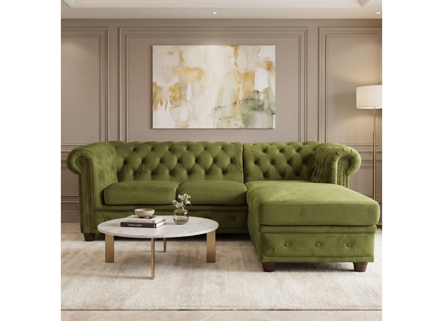 Narożnik pikowany Chesterfield zielony welurowy FELIX 2+OT Tk. French Velvet 657