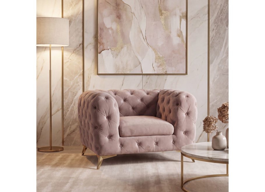 Fotel pikowany  chesterfield TEO glamour tk. Riviera 62 brudny, pudrowy róż