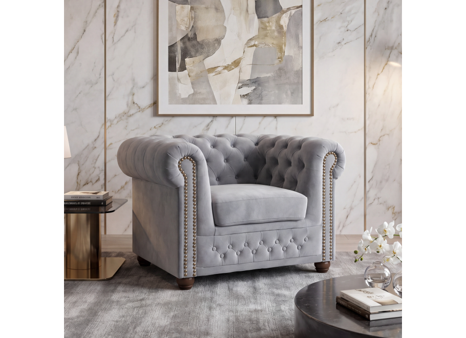 Fotel pikowany FELIX chesterfield szary welurowy Tk. Riviera 91