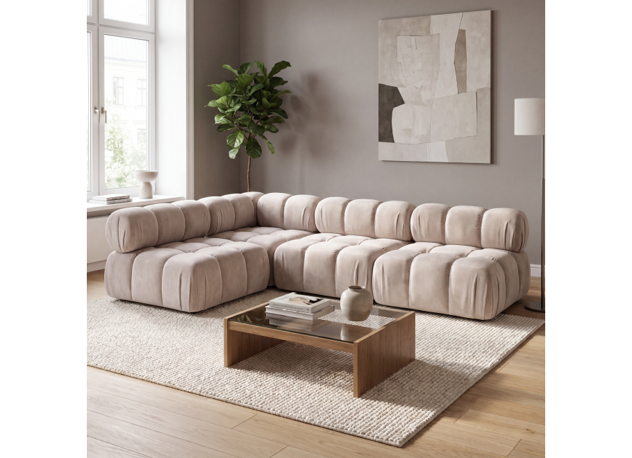 Narożnik modułowy Novanti 2 w kremowej, welurowej tkaninie, French Velvet 674 - French Velvet 674