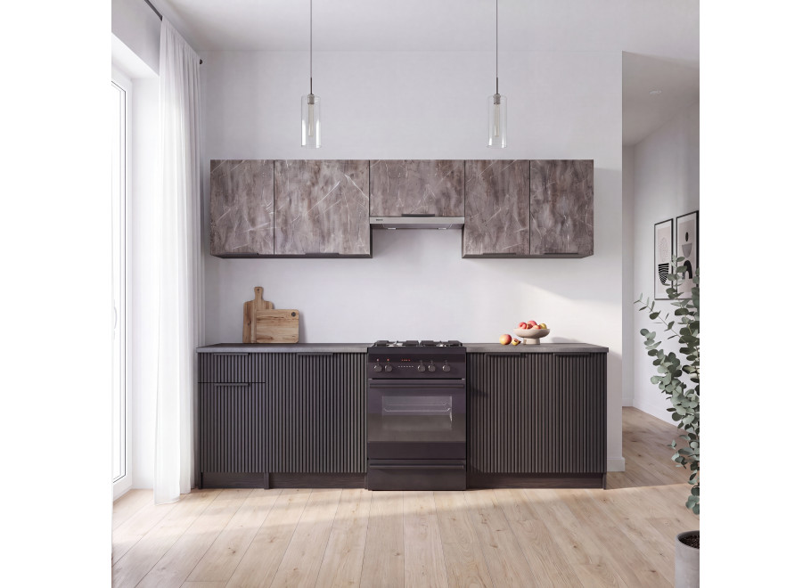 Zestaw mebli kuchennych Carvello - szary/czarny — kolory: front – popielaty marmur / czarny, korpus – carbon wood, blat: popiel