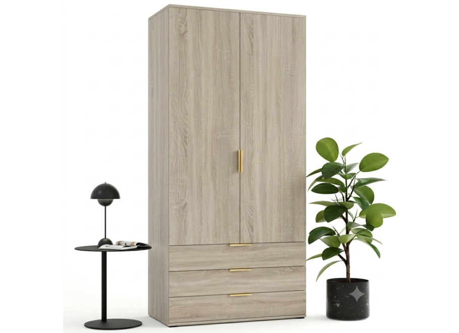 Szafa uchylna dwudrzwiowa z szufladami Linea - 110x205x53 - Dąb sonoma