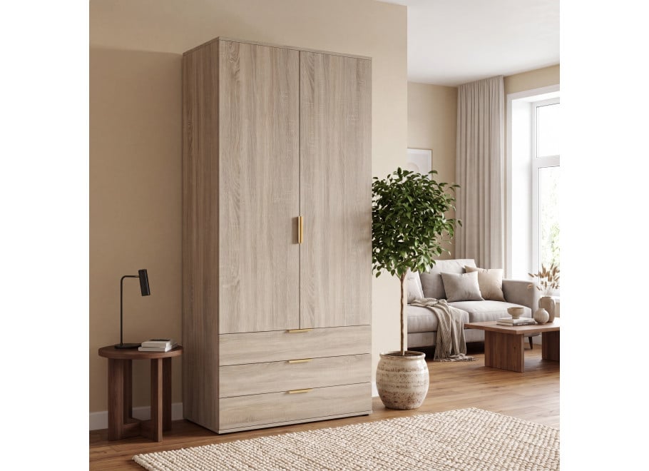 Szafa uchylna dwudrzwiowa z szufladami Linea - 110x205x53 - Dąb sonoma