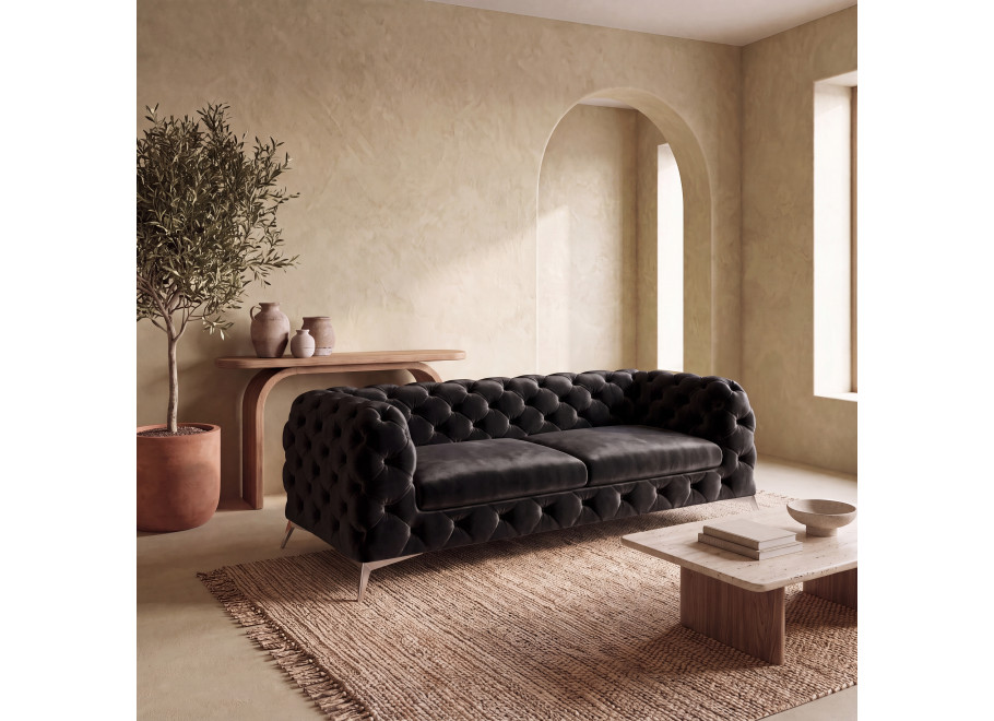 Zestaw mebli pikowanych glamour Chesterfield 2,5+2+1 TEO w czarnej welurowej tkaninie Riviera 100 2