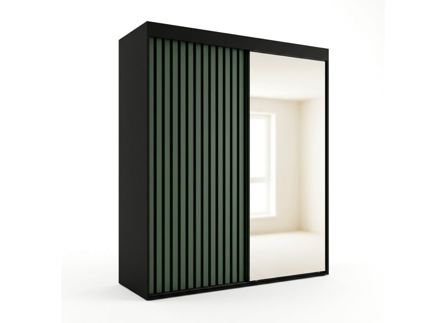 Szafa przesuwna dwudrzwiowa z lamelami i lustrem na wymiar ADARA w kolorze czarny + labrador oraz czarnymi lamelami - Lamele - Czarne, Front - Labrador, Korpus - Czarny