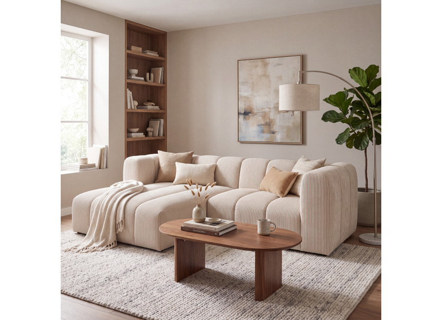 Stylowa sofa wypoczynkowa Velis 3-osobowa w tkaninie sztruks, kremowa