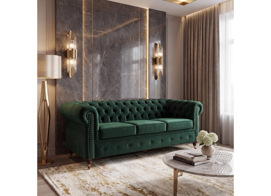 Pikowana sofa VINCENT trzyosobowa w zielonym welurze z funkcją spania