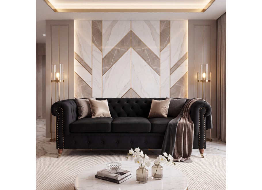 Pikowana sofa VINCENT 3-osobowa w czarnym welurze z funkcją spania