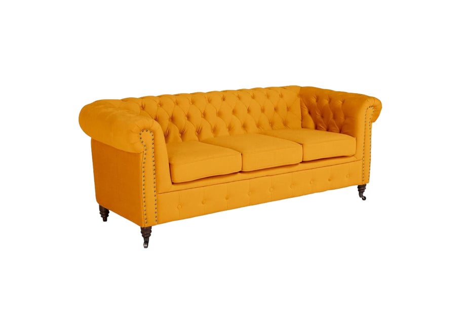 Miękka pikowana sofa VINCENT trzyosobowa z funkcją spania, żółty welur 3