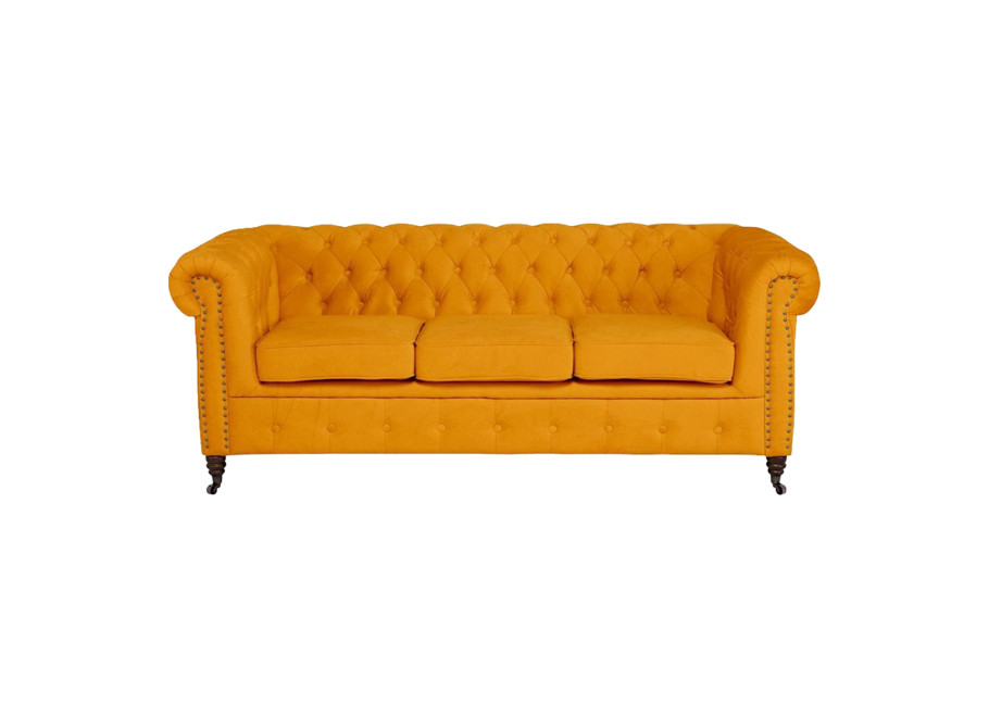 Miękka pikowana sofa VINCENT trzyosobowa z funkcją spania, żółty welur 2
