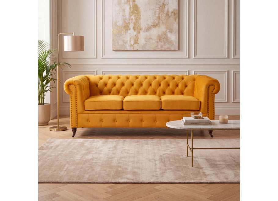 Miękka pikowana sofa VINCENT trzyosobowa z funkcją spania, żółty welur