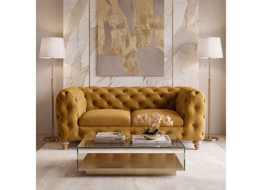 Sofa TEO WOOD 2-osobowa w stylu glamour, miodowy welur