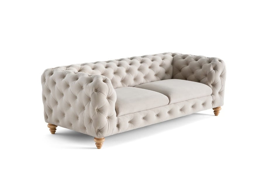 Elegancka sofa TEO WOOD trzyosobowa w chłodnym beżu, welur 2