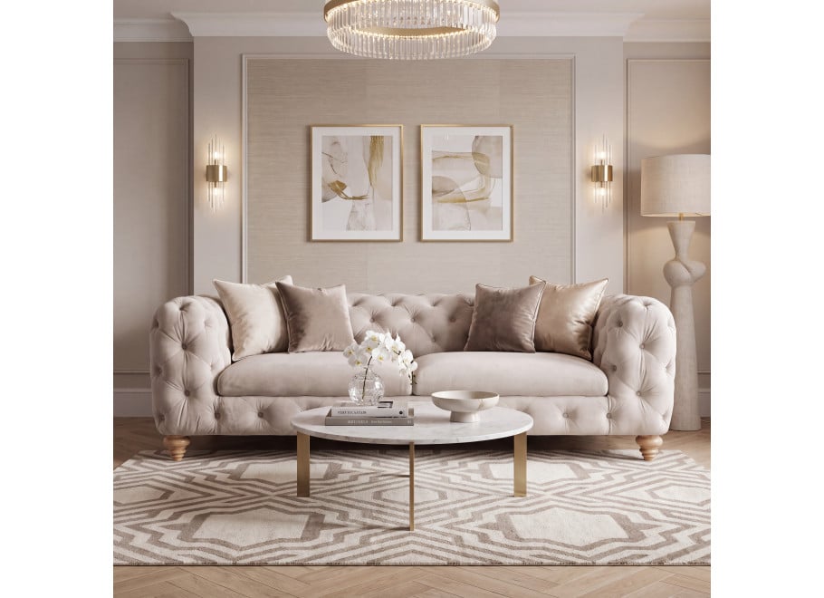 Elegancka sofa TEO WOOD trzyosobowa w chłodnym beżu, welur