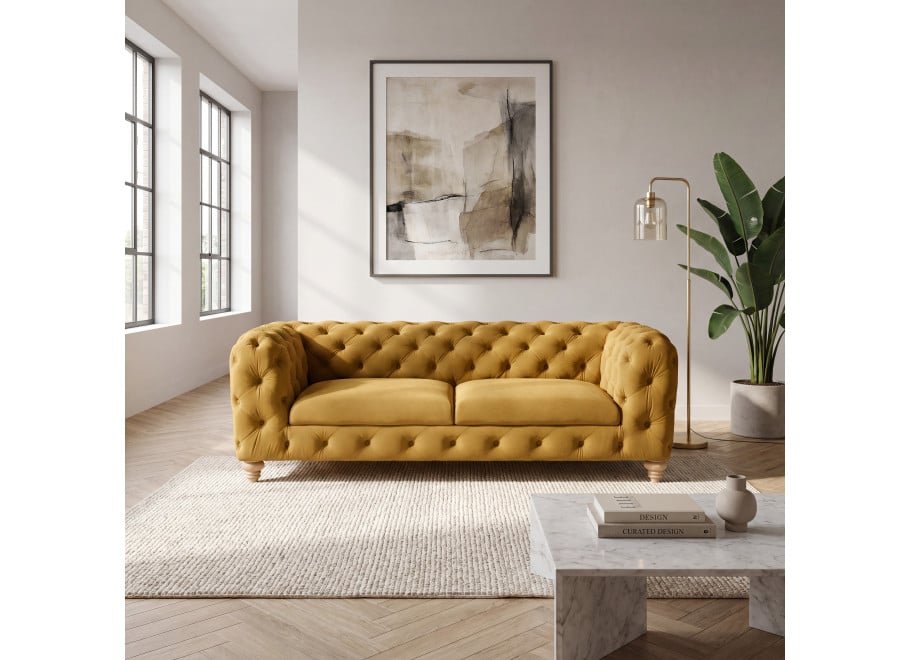 Luksusowa sofa TEO WOOD 3-osobowa na drewnianych nóżkach, miodowy welur