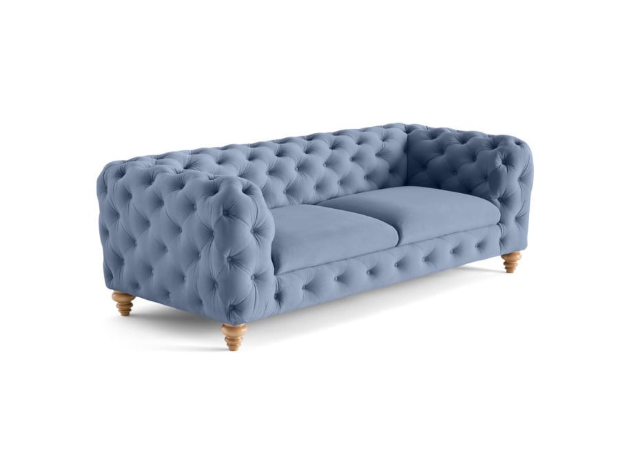 Sofa do salonu TEO WOOD Chesterfield 3-osobowa welur niebieski 2