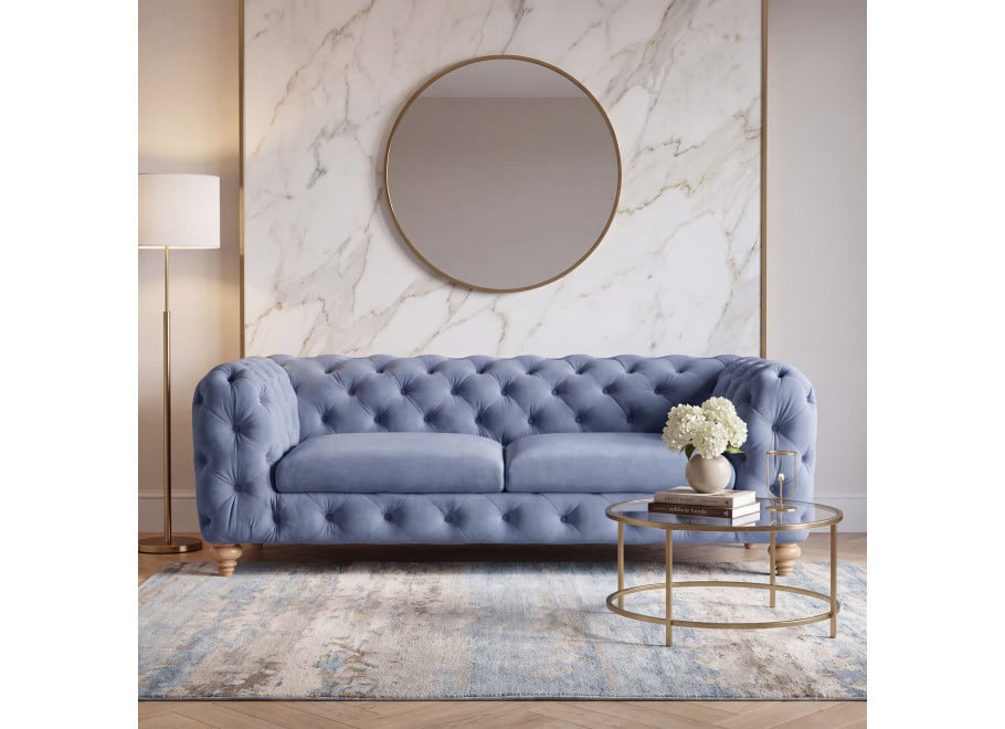 Sofa do salonu TEO WOOD Chesterfield 3-osobowa welur niebieski
