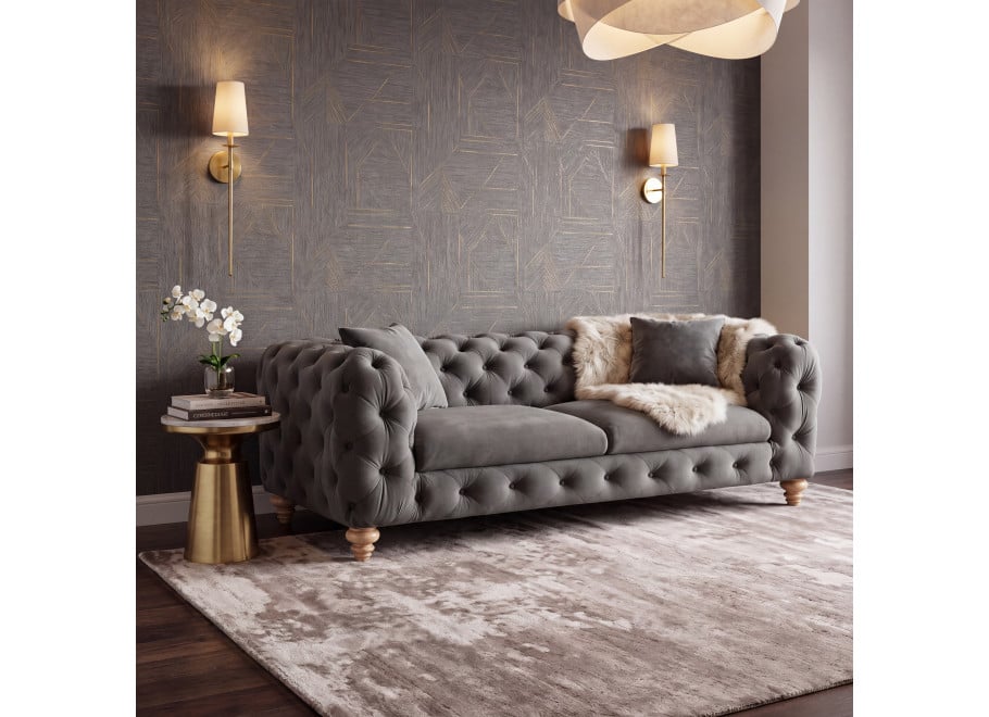 Pikowana sofa TEO WOOD Chesterfield w szarym welurze