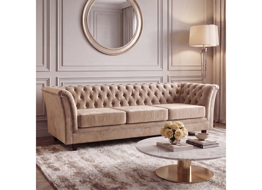 Elegancka sofa HASSO trzyosobowa w beżowym welurze