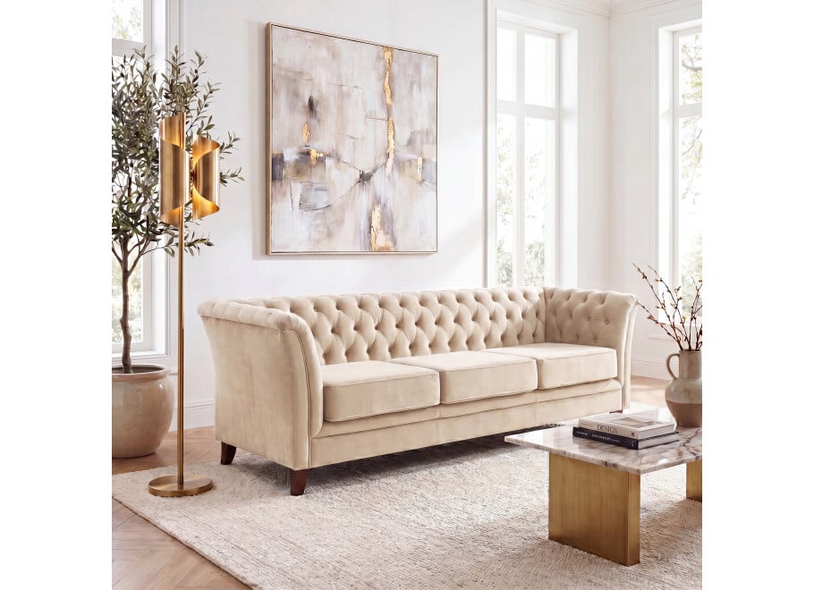 Miękka pikowana sofa HASSO trzyosobowa z funkcją spania welur kremowy
