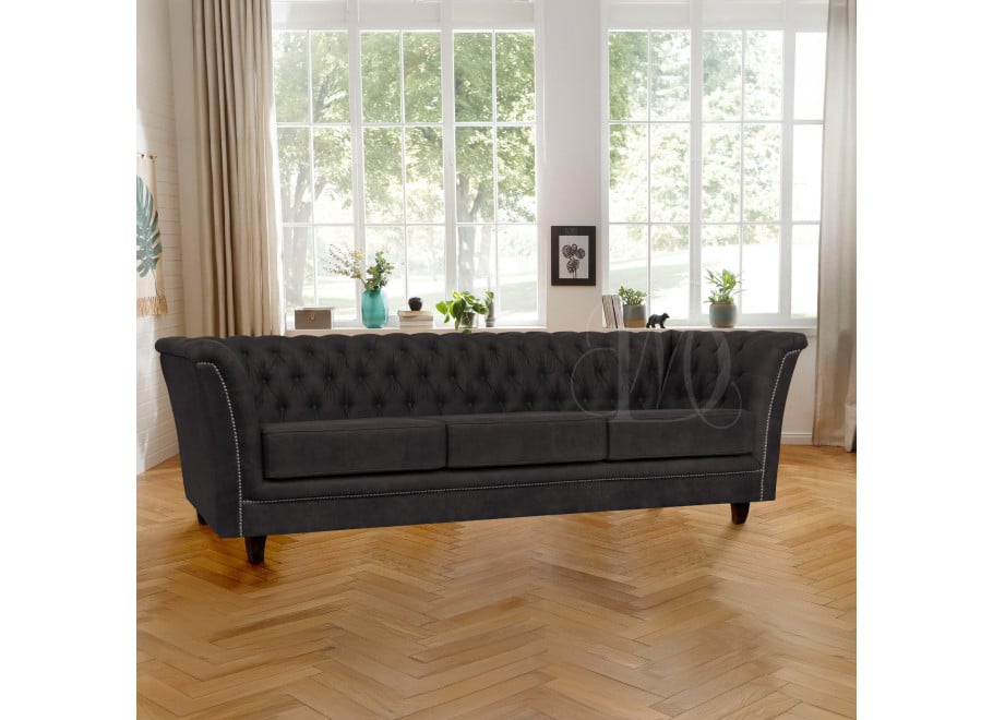 Pikowana sofa HASSO 3-osobowa z funkcją spania w czarnym welurze