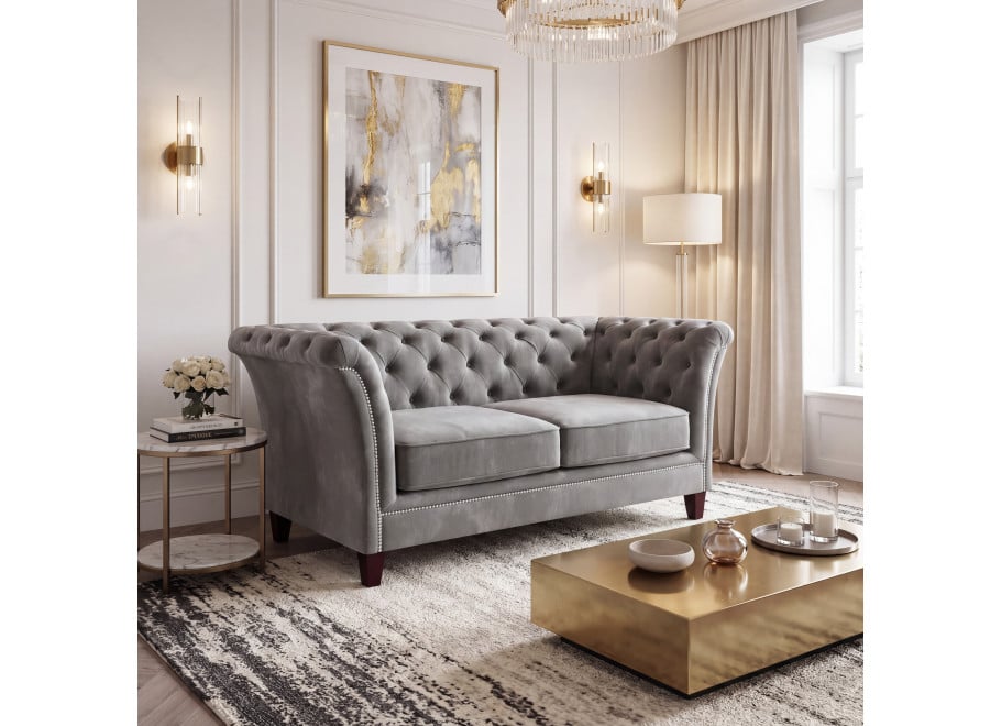 Luksusowa pikowana sofa HASSO 2-osobowa w popielatym welurze