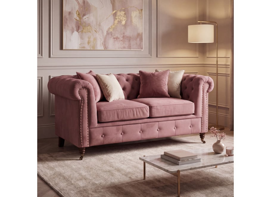 Glamour Chesterfield sofa VINCENT dwuosobowa pikowana w różowym welurze