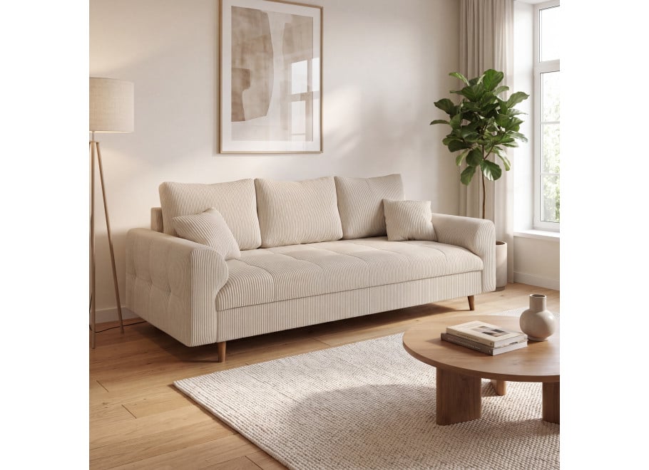 Elegancka sofa Laril trzyosobowa w kremowym sztruksie