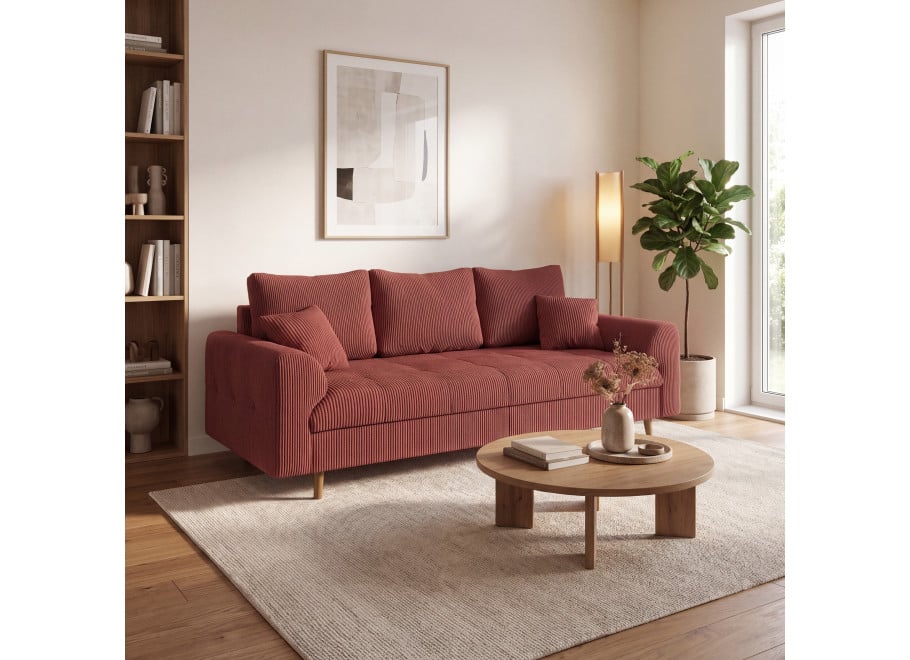 Komfortowa sofa Laril 3-osobowa na wysokich nóżkach w płowym sztruksie