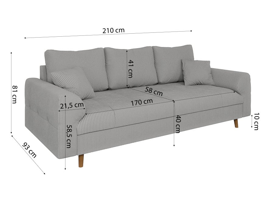 Wygodna sofa Laril trzyosobowa na wysokich nóżkach w szarym sztruksie 6