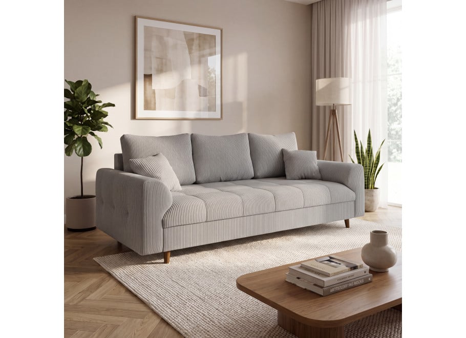 Wygodna sofa Laril trzyosobowa na wysokich nóżkach w szarym sztruksie