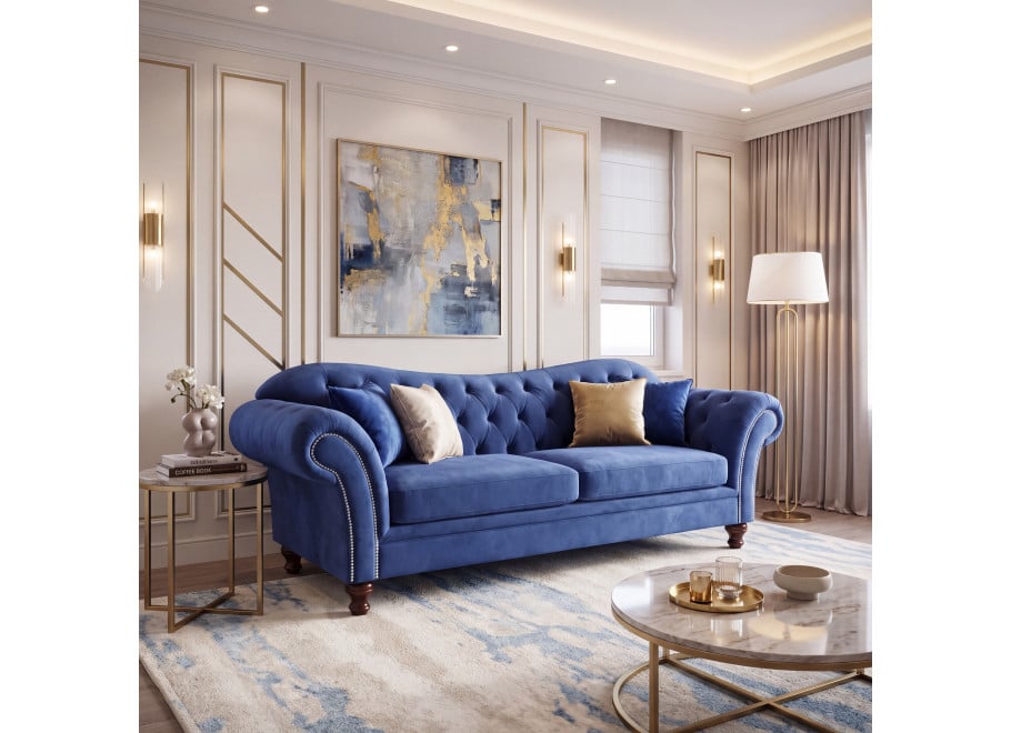 Kobaltowa sofa Chesterfield pikowana PARIS trzyosobowa z funkcją spania