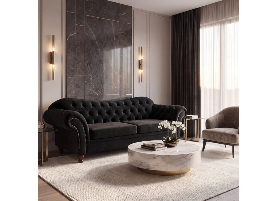 Pikowana sofa PARIS z funkcją spania w czarnym welurze w stylu glamour