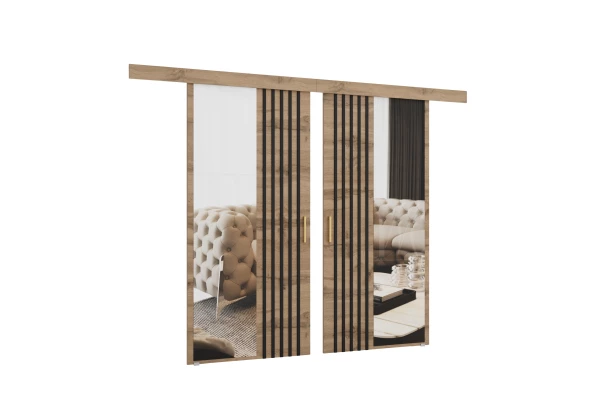 Drzwi przesuwne dwuskrzydłowe sufitowe z lamelami i lustrem RIVI - design i funkcjonalnosc w parze Drzwi przesuwne dwuskrzydłowe sufitowe z lamelami i lustrem RIVI - design i funkcjonalnosc w parze